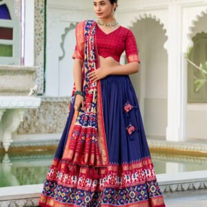 Navy Blue Color Tussar Silk Patola Printed Lehenga Choli